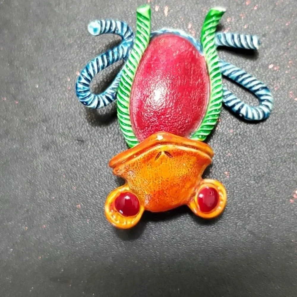 Hollycraft vintage collector yarn frog brooch colorful silver tone
